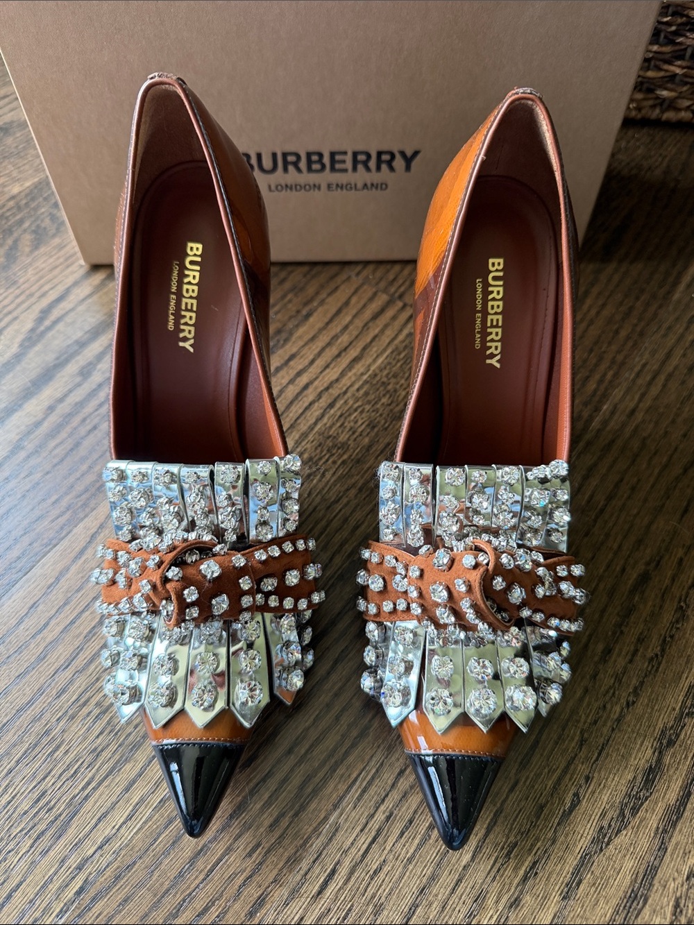 Burberry Brown and Black Crystal-Embellished Pointed Pumps